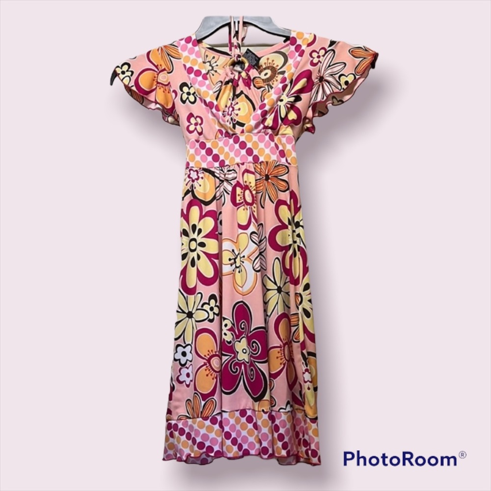 Y2K Speechless Vintage Pink Floral Halter Tie Neck O-ring 80’s Groovy Dress